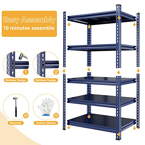 REIBII 72" Garage Shelving Heavy Duty Garage Storage Shelves Load 1700LBS Adjustable Heavy Duty Shelving 5 Tier Metal Shelving for Storage Industrial Shelving 31.9" W x 17.1" D x 72" H Blue