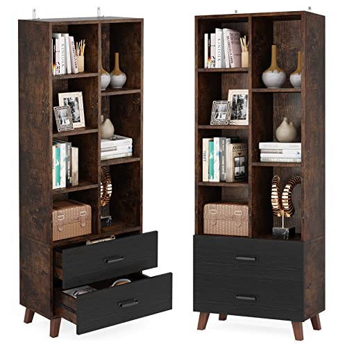 Tribesigns 5 Tier Tall Bookshelf with 2 Storage Drawers, Set of 2, 5 Shelf Mid-Century Modern Bookcase, Free Standing Vintage Narrow Book Shelves for Bedroom, Living Room, Rustic Brown