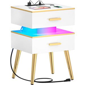 cyclysio 28.5'' white nightstand with charging station, tall bedside tables with led lights, bed side table night stand with drawers for bedroom and sofa side, bright white finishing