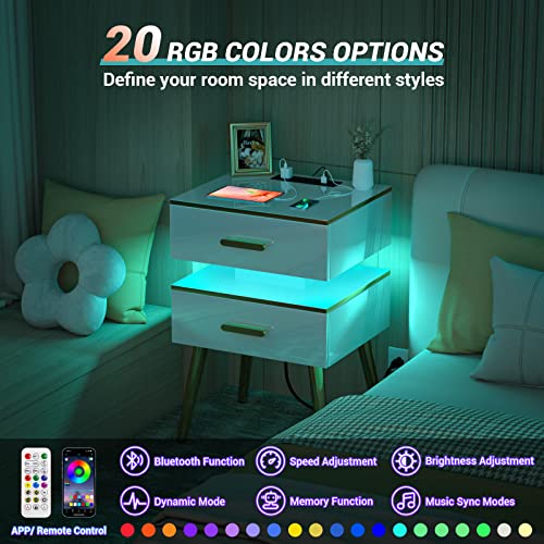 Cyclysio 28.5'' White Nightstand with Charging Station, Tall Bedside Tables with Led Lights, Bed Side Table Night Stand with Drawers for Bedroom and Sofa Side, Bright White Finishing