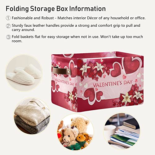 senya Valentine's Day Basket, Valentine's Day Beautiful Flowers and Hearts Foldable Fabric Collapsible Storage Bins Organizer Bag for Storage Clothes