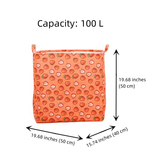 40L Laundry Basket, 100L Storage Bin, Collapsible Canvas Clothes Hamper, Closet Toy Organizer (Orange Strawberry Set)