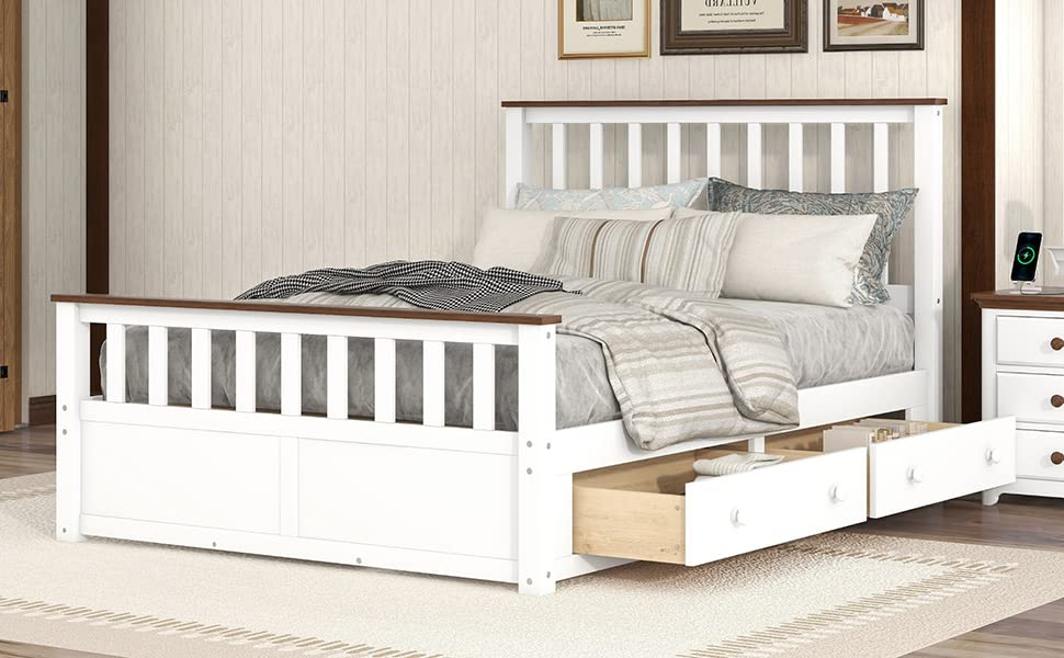 ERDAYE Full Size Bedframe Wooden Platform Bed with Two Storage Drawers and Wood Slat Support, White+Walnut