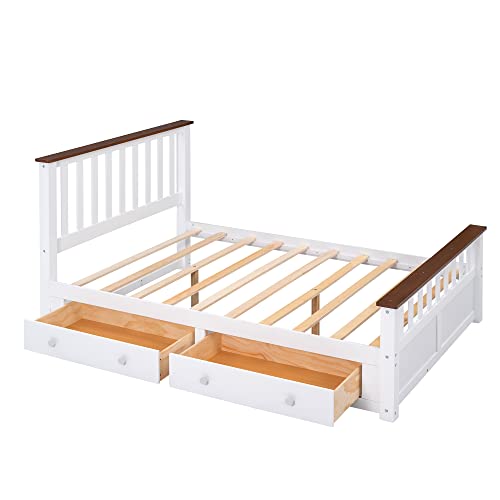 ERDAYE Full Size Bedframe Wooden Platform Bed with Two Storage Drawers and Wood Slat Support, White+Walnut