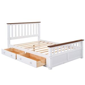 ERDAYE Full Size Bedframe Wooden Platform Bed with Two Storage Drawers and Wood Slat Support, White+Walnut