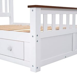 ERDAYE Full Size Bedframe Wooden Platform Bed with Two Storage Drawers and Wood Slat Support, White+Walnut