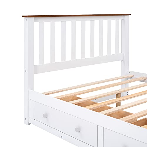 ERDAYE Full Size Bedframe Wooden Platform Bed with Two Storage Drawers and Wood Slat Support, White+Walnut