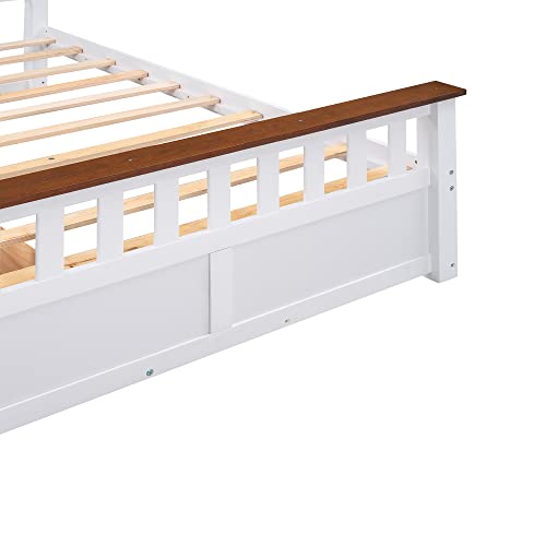 ERDAYE Full Size Bedframe Wooden Platform Bed with Two Storage Drawers and Wood Slat Support, White+Walnut