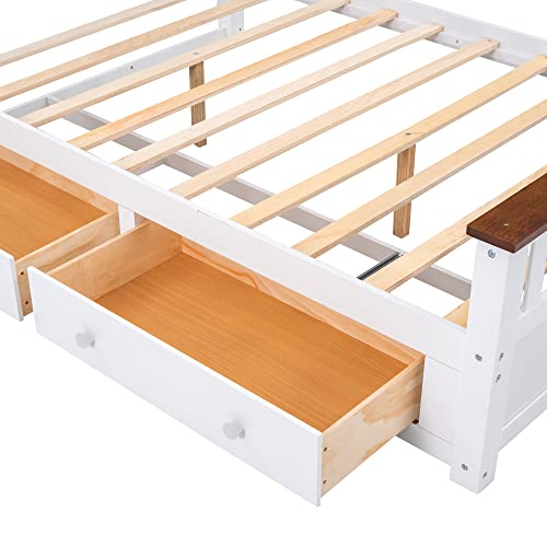 ERDAYE Full Size Bedframe Wooden Platform Bed with Two Storage Drawers and Wood Slat Support, White+Walnut