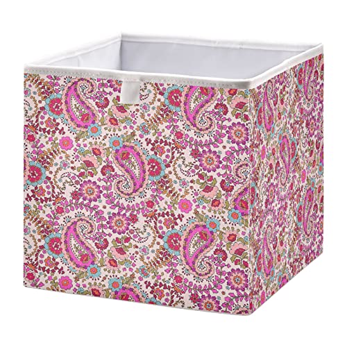 Kigai Paisley and Flowers Storage Bins Cube Foldable Storage Baskets Bin Waterproof Home Organizer with Handles Basket for Toy Nursery Blanket Clothes, 11x11x11 Inch