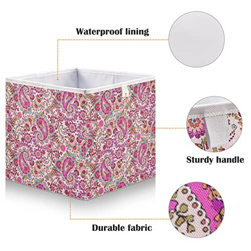 Kigai Paisley and Flowers Storage Bins Cube Foldable Storage Baskets Bin Waterproof Home Organizer with Handles Basket for Toy Nursery Blanket Clothes, 11x11x11 Inch