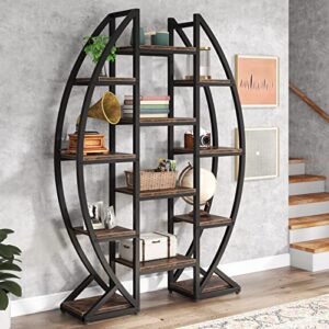 bookshelf, oval triple wide 5 tiers etagere bookcases, industrial display shelves for living room (brown, 47")