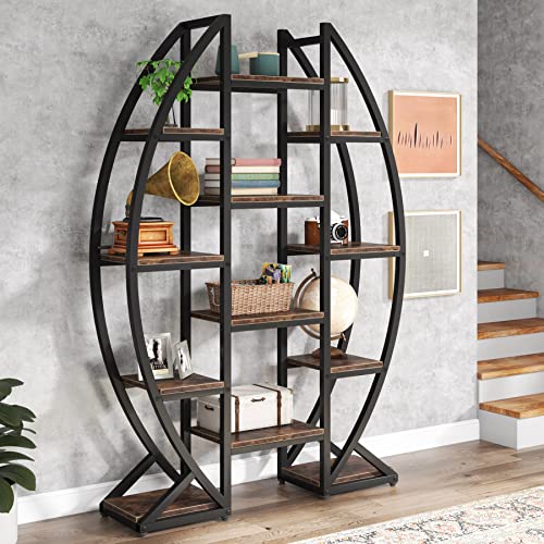 Bookshelf, Oval Triple Wide 5 Tiers Etagere Bookcases, Industrial Display Shelves for Living Room (Brown, 47")