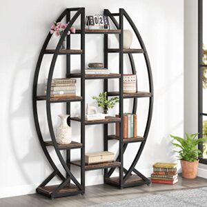Bookshelf, Oval Triple Wide 5 Tiers Etagere Bookcases, Industrial Display Shelves for Living Room (Brown, 47")
