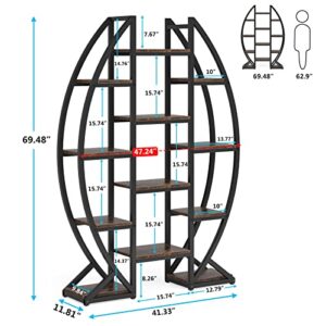 Bookshelf, Oval Triple Wide 5 Tiers Etagere Bookcases, Industrial Display Shelves for Living Room (Brown, 47")