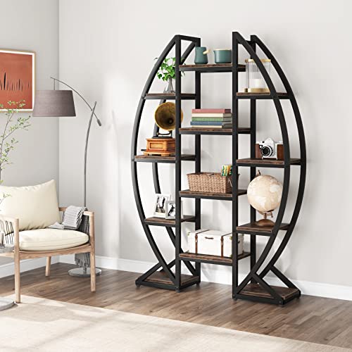 Bookshelf, Oval Triple Wide 5 Tiers Etagere Bookcases, Industrial Display Shelves for Living Room (Brown, 47")