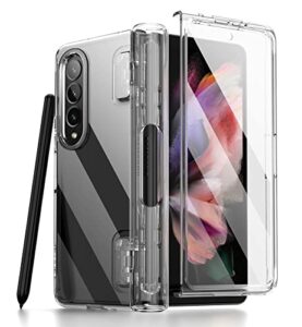 suritch for samsung galaxy z fold 3 clear case, [hinge protection with pen holder] full body protection bumper shockproof rugged phone cover with built-in screen protector -(with pen holder)