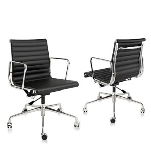 furgle ribbed office chair, black genuine leather desk chair, mid back, adjustable ergonomic computer desk chair with aluminium alloy frame and silent nylon wheels load capacity up to 360 lbs