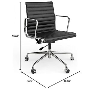 Furgle Ribbed Office Chair, Black Genuine Leather Desk Chair, Mid Back, Adjustable Ergonomic Computer Desk Chair with Aluminium Alloy Frame and Silent Nylon Wheels Load Capacity Up to 360 lbs