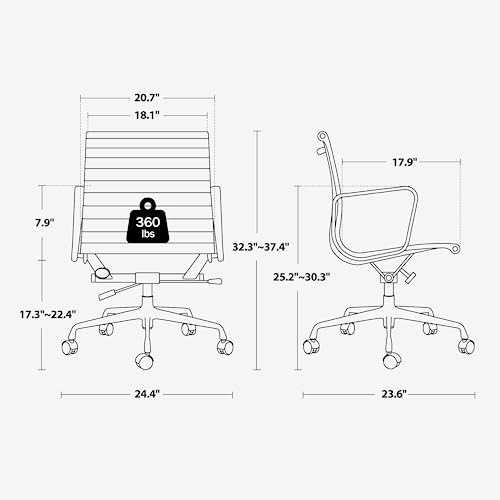 Furgle Ribbed Office Chair, Black Genuine Leather Desk Chair, Mid Back, Adjustable Ergonomic Computer Desk Chair with Aluminium Alloy Frame and Silent Nylon Wheels Load Capacity Up to 360 lbs