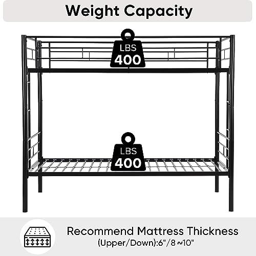 Anwickmak Twin Over Twin Bunk Bed with Ladder and Full-Length Guardrail, Metal Frame Bunk Bed for Kids/Teens/Adults, No Box Spring Needed (Black)