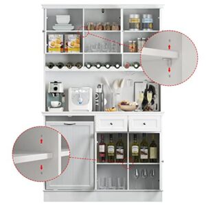 FAMAPY Kitchen Hutch Cabinet with Flip Storage for Garbage Bin, Kitchen Pantry Cabinet Cupboard with Glass Doors & Drawers, Wine Storage, Glass Holder, White (47.3”W x 15.9”D x 75.7”H)