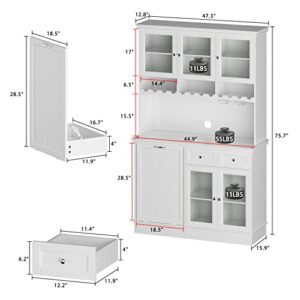 FAMAPY Kitchen Hutch Cabinet with Flip Storage for Garbage Bin, Kitchen Pantry Cabinet Cupboard with Glass Doors & Drawers, Wine Storage, Glass Holder, White (47.3”W x 15.9”D x 75.7”H)