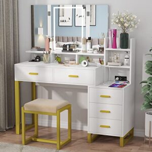 vanity set with tri-fold makeup mirror, 45.59'' large vanity desk with charging station, 3-color adjustable touch light, 5 drawers, storage shelves&cushioned stool makeup vanity for bedroom (white)