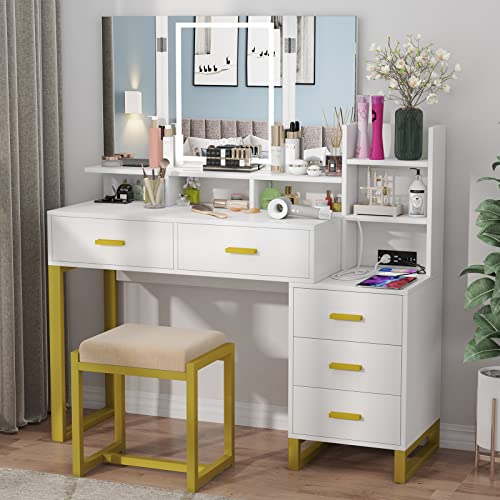 Vanity Set with Tri-fold Makeup Mirror, 45.59'' Large Vanity Desk with Charging Station, 3-Color Adjustable Touch Light, 5 Drawers, Storage Shelves&Cushioned Stool Makeup Vanity for Bedroom (White)