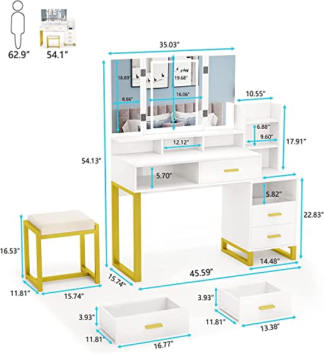 Vanity Set with Tri-fold Makeup Mirror, 45.59'' Large Vanity Desk with Charging Station, 3-Color Adjustable Touch Light, 5 Drawers, Storage Shelves&Cushioned Stool Makeup Vanity for Bedroom (White)