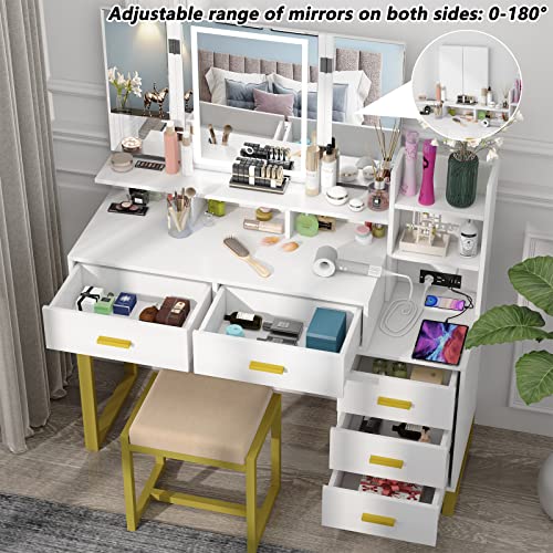 Vanity Set with Tri-fold Makeup Mirror, 45.59'' Large Vanity Desk with Charging Station, 3-Color Adjustable Touch Light, 5 Drawers, Storage Shelves&Cushioned Stool Makeup Vanity for Bedroom (White)