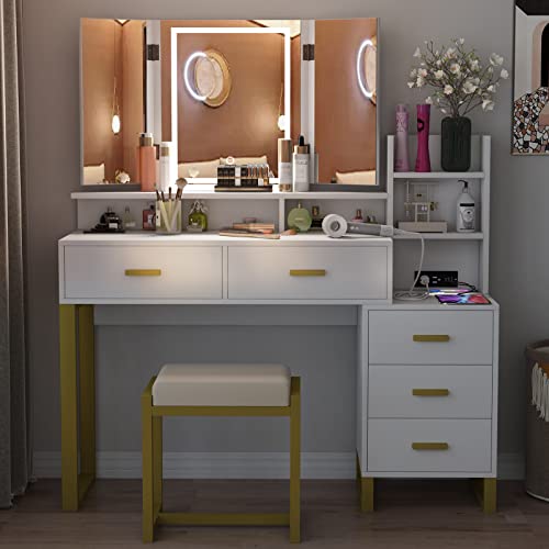 Vanity Set with Tri-fold Makeup Mirror, 45.59'' Large Vanity Desk with Charging Station, 3-Color Adjustable Touch Light, 5 Drawers, Storage Shelves&Cushioned Stool Makeup Vanity for Bedroom (White)