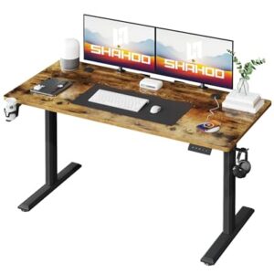 Shahoo Electric Standing Desk, 55 x 24 Inches Height Adjustable Corner Table, Computer Workstation with Cup Holder and Hook for Home Office, Rustic Brown