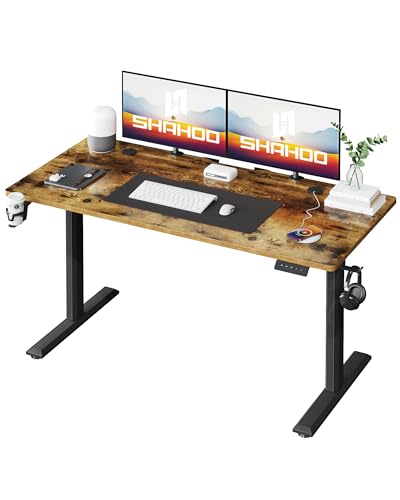 Shahoo Electric Standing Desk, 55 x 24 Inches Height Adjustable Corner Table, Computer Workstation with Cup Holder and Hook for Home Office, Rustic Brown