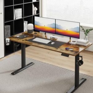 Shahoo Electric Standing Desk, 55 x 24 Inches Height Adjustable Corner Table, Computer Workstation with Cup Holder and Hook for Home Office, Rustic Brown