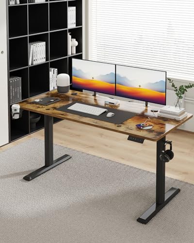 Shahoo Electric Standing Desk, 55 x 24 Inches Height Adjustable Corner Table, Computer Workstation with Cup Holder and Hook for Home Office, Rustic Brown