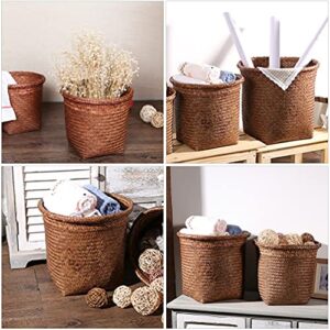 STOBOK Woven Trash Can Retro Straw Woven Wastebasket Round Straw Rattan Garbage Bin Planter Basket for Home Kitchen Office Bedroom Waste Paper Bin, 30X30X30CM