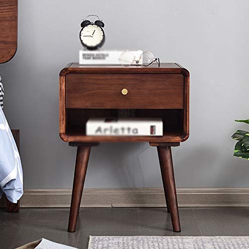 SJYDQ Nordic All Solid Wood Bedroom Bedside Table Home Log Bed Simple Storage Cabinet Walnut Color