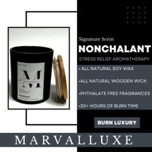 Marvalluxe Nonchalant All Natural Soy Wax, Wood Burning Wick, Scented Candle, Stress Relief Amoratherapy 9.5oz 30 Plus Hours Burn Time Elegant Packaging