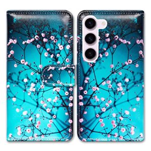 bcov galaxy s23 case, plum blossom flower leather flip phone case wallet cover with card slot holder kickstand for samsung galaxy s23