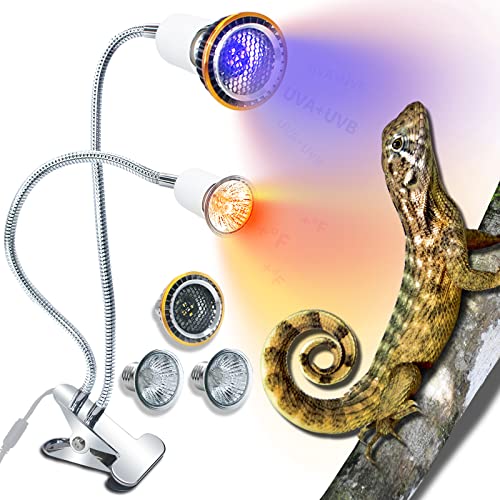 Reptile Heat Lamp,UVA UVB Reptile Light,Double-Head Turtle Light with 360° Rotatable Hose and Clamp,Full Spectrum LED UVB Sun Lamp and Two 50W Bulbs Suitable for Bearded Dragon,Turtle,Lizard,Snake