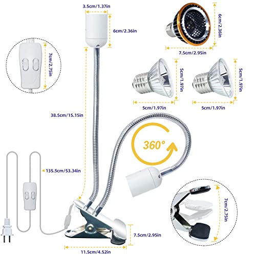 Reptile Heat Lamp,UVA UVB Reptile Light,Double-Head Turtle Light with 360° Rotatable Hose and Clamp,Full Spectrum LED UVB Sun Lamp and Two 50W Bulbs Suitable for Bearded Dragon,Turtle,Lizard,Snake
