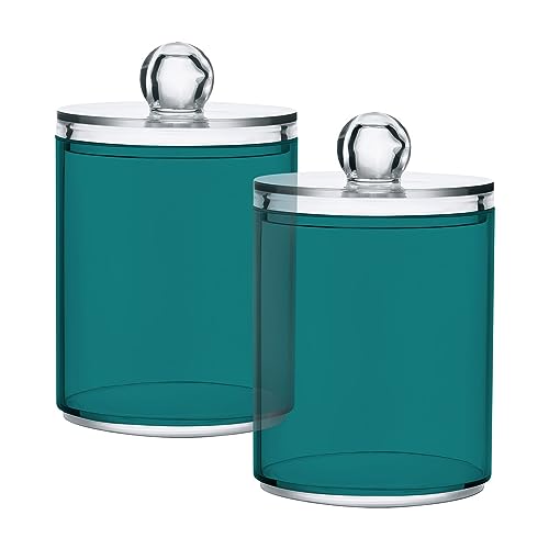 JUMBEAR 4 Pack Teal Green Solid Color Qtip Holder Dispenser with Lid 14 oz Clear Plastic Apothecary Jar Set for Bathroom Vanity Organizers Storage Containers