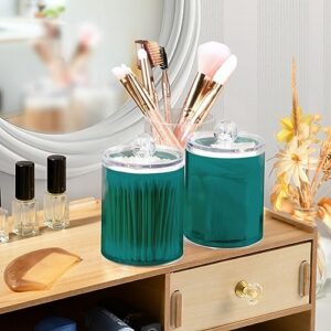 JUMBEAR 4 Pack Teal Green Solid Color Qtip Holder Dispenser with Lid 14 oz Clear Plastic Apothecary Jar Set for Bathroom Vanity Organizers Storage Containers