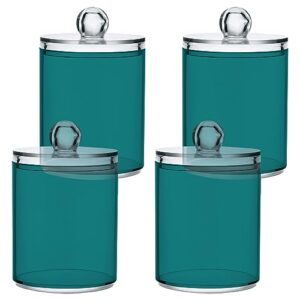 JUMBEAR 4 Pack Teal Green Solid Color Qtip Holder Dispenser with Lid 14 oz Clear Plastic Apothecary Jar Set for Bathroom Vanity Organizers Storage Containers