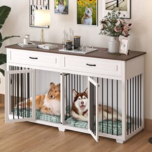 piaomtiee dog crate furniture, 72.4 inch wooden dog kennel, modern decorative dog crate end table, dog house with double doors, drawers, divider, indoor dog cage for large medium dogs, white