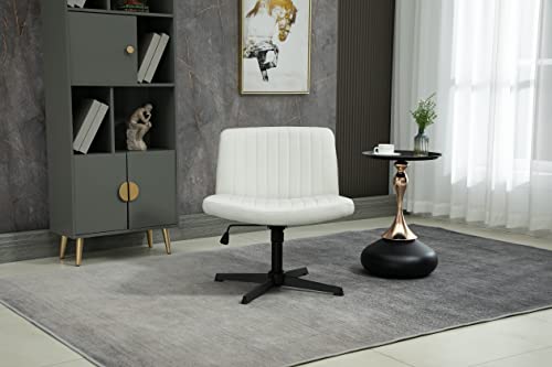 pouseayar Desk Chair No Wheels, Armless Morden Style Office Chair Adjustable Handle with PU Leather and Soft Backrest for Home, Living Room, Office, Reading Room - White