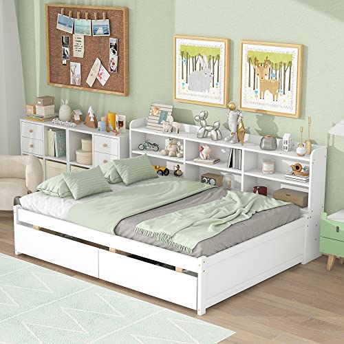 Harper & Bright Designs Full Bed with Storage Drawers and Side Bookcase, Solid Wood Platform Frame, Full Size Daybed Sofa for Bedroom Living Room (Full Size, White) White(side Bookcase)