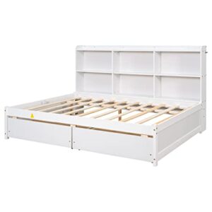 Harper & Bright Designs Full Bed with Storage Drawers and Side Bookcase, Solid Wood Platform Frame, Full Size Daybed Sofa for Bedroom Living Room (Full Size, White) White(side Bookcase)