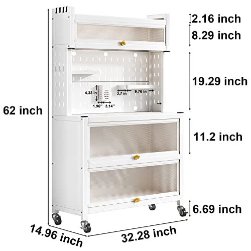 Kitchen Baker's Rack with Flip Door Cabinet, 5-Tier Microwave Stand with Pegboard Accessories, Large Metal Storage Shelves for Garage Pantry Home Kitchen Spices, Pots, and Pans (White)
